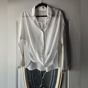 By Together Classic Career White Drape Long Sleeve Blouse - Medium